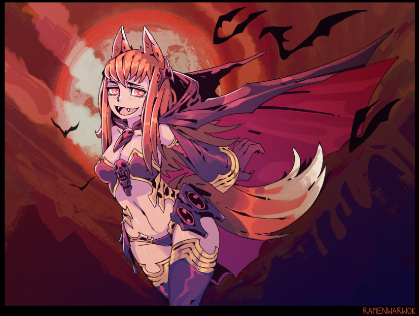 1girl :d animal_ears bangs bat bikini black_border border cape commentary commentary_request english_commentary fangs halloween halloween_costume holo looking_at_viewer moon navel open_mouth orange_hair purple_bikini purple_cape purple_legwear ramenwarwok red_eyes red_moon smile solo spice_and_wolf swimsuit tail thigh-highs vampire vampire_costume wolf_ears wolf_tail