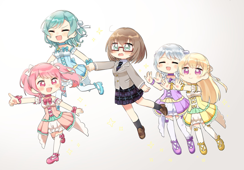 5girls ^_^ ankle_strap aqua_dress aqua_footwear aqua_hair aqua_neckwear aqua_ribbon bang_dream! bangs bd_ayknn black_legwear blazer blonde_hair blush bow bowtie braid brown_footwear brown_hair closed_eyes closed_eyes dress glasses green_eyes grey_jacket hair_ribbon half_updo hand_holding haneoka_school_uniform highres hikawa_hina jacket long_hair maruyama_aya multiple_girls necktie pastel_palettes pink_dress pink_eyes pink_footwear pink_hair pink_neckwear pink_ribbon plaid plaid_skirt pleated_skirt pointing purple_dress purple_footwear purple_ribbon pushing red-framed_eyewear ribbon semi-rimless_eyewear shirasagi_chisato shoes short_hair side_braids skirt socks sparkle striped striped_neckwear thigh-highs twin_braids twintails under-rim_eyewear violet_eyes wakamiya_eve white_hair white_legwear white_ribbon wrist_ribbon yamato_maya yellow_dress yellow_footwear yellow_ribbon