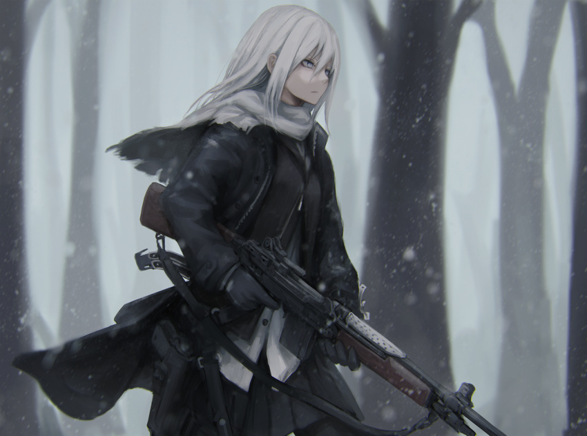 1girl black_coat black_legwear black_skirt blurry blurry_background closed_mouth cowboy_shot depth_of_field forest gun hair_between_eyes holding holding_gun holding_weapon long_hair long_sleeves nature original outdoors pantyhose pleated_skirt rifle shiroi_suzume skirt snow snowing solo standing weapon white_eyes white_hair