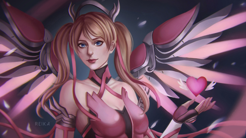 1girl artist_name bare_shoulders blonde_hair breasts cleavage closed_mouth dress hair_between_eyes hair_ribbon heart lips lipstick looking_at_viewer makeup medium_breasts mercy_(overwatch) nose overwatch pink_dress pink_mercy pink_ribbon red_lipstick ribbon shiro-hane solo spread_wings twintails upper_body