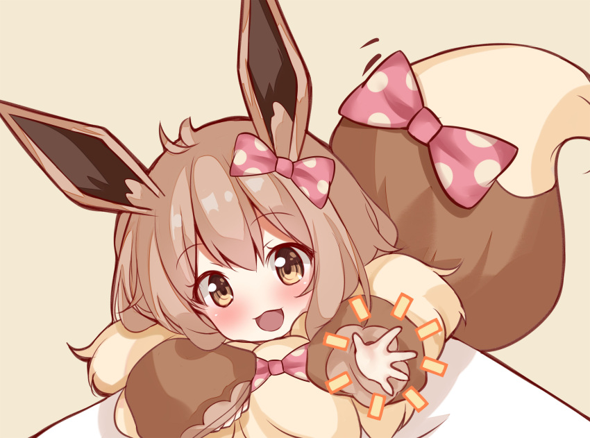 1girl :3 :d animal_ears bangs blush bow brown_background brown_eyes brown_hair creatures_(company) eevee eyebrows_visible_through_hair fur game_freak gen_1_pokemon hair_between_eyes hair_bow head_tilt highres long_sleeves looking_at_viewer nintendo open_mouth personification pink_bow pokemon pokemon_(game) pokemon_lgpe polka_dot polka_dot_bow puffy_long_sleeves puffy_sleeves scarlet_dango simple_background smile solo tail tail_bow tail_raised