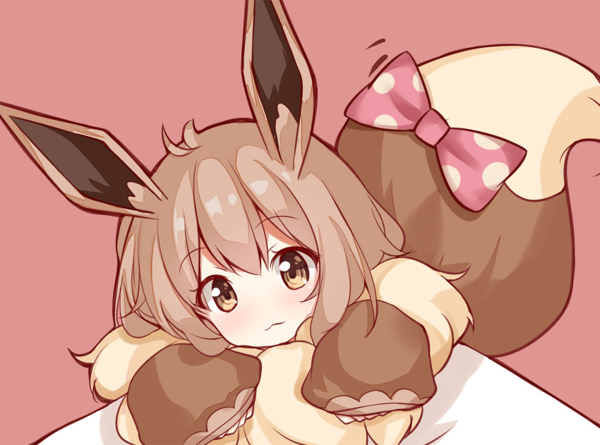 1girl :3 animal_ears bangs blush bow brown_background brown_eyes brown_hair closed_mouth creatures_(company) eevee eyebrows_visible_through_hair fur game_freak gen_1_pokemon hair_between_eyes head_tilt highres long_sleeves looking_at_viewer nintendo personification pink_bow pokemon pokemon_(game) pokemon_lgpe polka_dot polka_dot_bow puffy_long_sleeves puffy_sleeves scarlet_dango simple_background solo tail tail_bow tail_raised