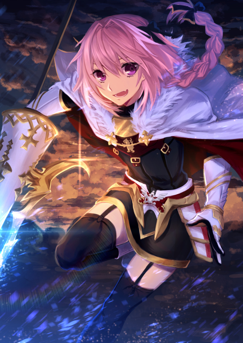 1boy :d astolfo_(fate) black_dress black_legwear braid braided_ponytail cape clouds cloudy_sky dress fate/apocrypha fate_(series) floating_hair fur-trimmed_cape fur_trim garter_straps gloves hair_between_eyes highres holding_lance long_hair looking_at_viewer male_focus open_mouth oranggila12 outdoors pink_hair short_dress single_braid sky smile solo thigh-highs trap very_long_hair violet_eyes white_cape white_gloves zettai_ryouiki