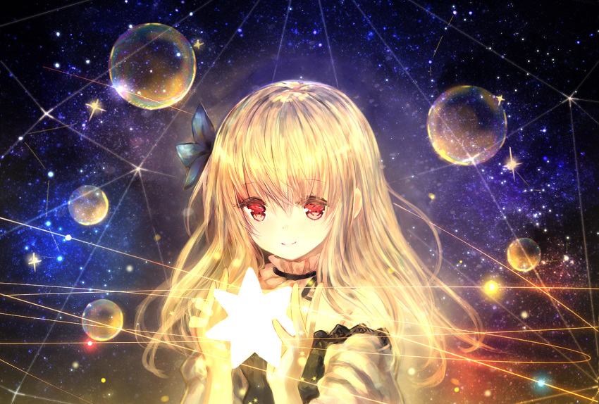 1girl bangs bare_shoulders blonde_hair bubble catbell closed_mouth detached_collar dress eyebrows_visible_through_hair hair_ornament hands_up light long_hair looking_at_viewer off-shoulder_dress off_shoulder original red_eyes sidelocks smile solo star starry_background upper_body