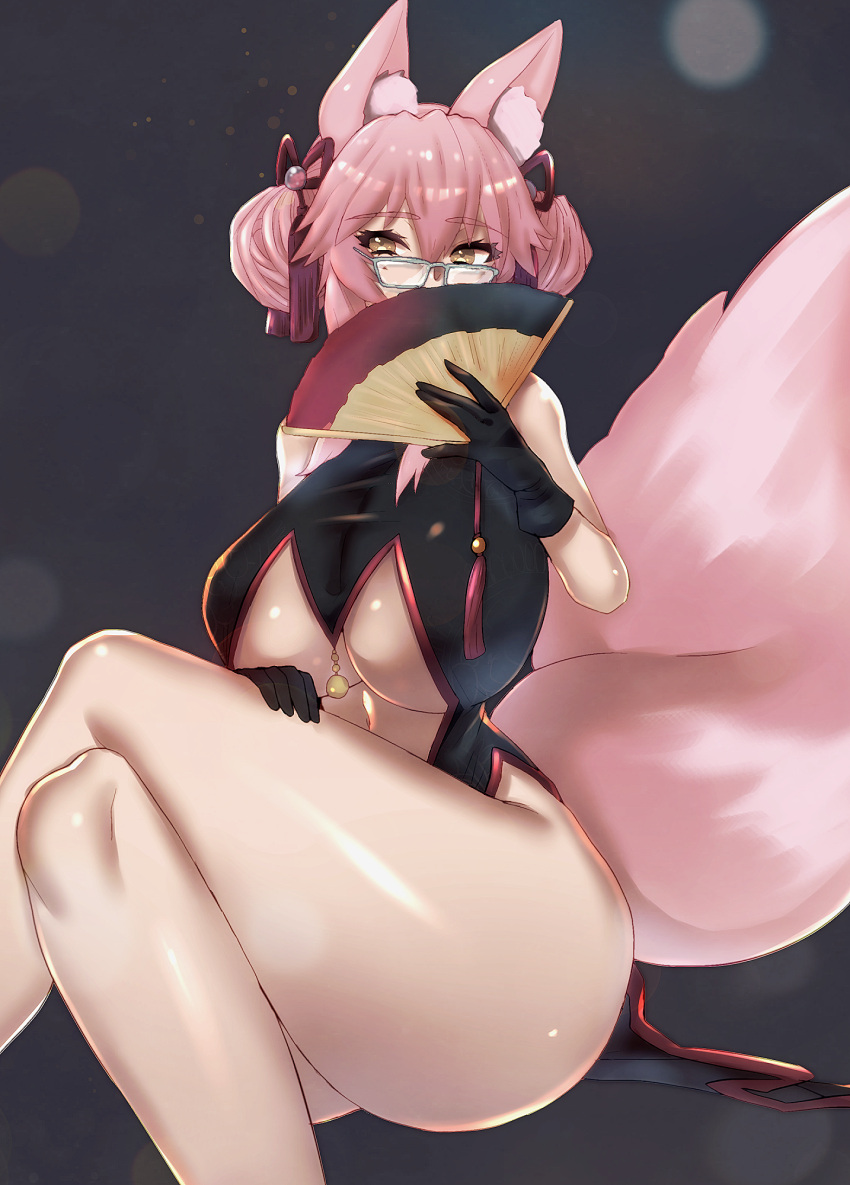 1girl animal_ear_fluff animal_ears bangs bare_shoulders bell black_dress black_gloves breasts center_opening china_dress chinese_clothes covering_mouth dress eyebrows_visible_through_hair fan fate/grand_order fate_(series) folding_fan fox_ears fox_girl fox_tail glasses gloves hair_between_eyes highres hips jingle_bell koyanskaya large_breasts legs_crossed long_hair looking_at_viewer pink_hair psyche_oreca sitting solo tail tassel thick_thighs thighs tied_hair under_boob yellow_eyes