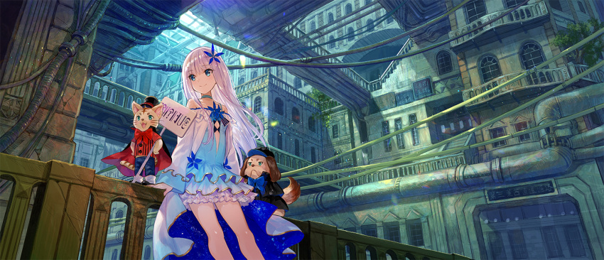 1girl animal balcony bangs bare_legs blue_dress blue_eyes building cape cat choker closed_mouth commentary_request day dog dress eyebrows_visible_through_hair feet_out_of_frame fuji_choko hair_ornament hat kenja_no_deshi_wo_nanoru_kenja layered_dress long_hair long_sleeves looking_to_the_side mira_(kenja) off_shoulder outdoors pants peaked_cap railing red_shirt shirt sidelocks sign sitting sleeves_past_wrists smile solo starry_sky_print top_hat white_hair wide_shot wide_sleeves window wire