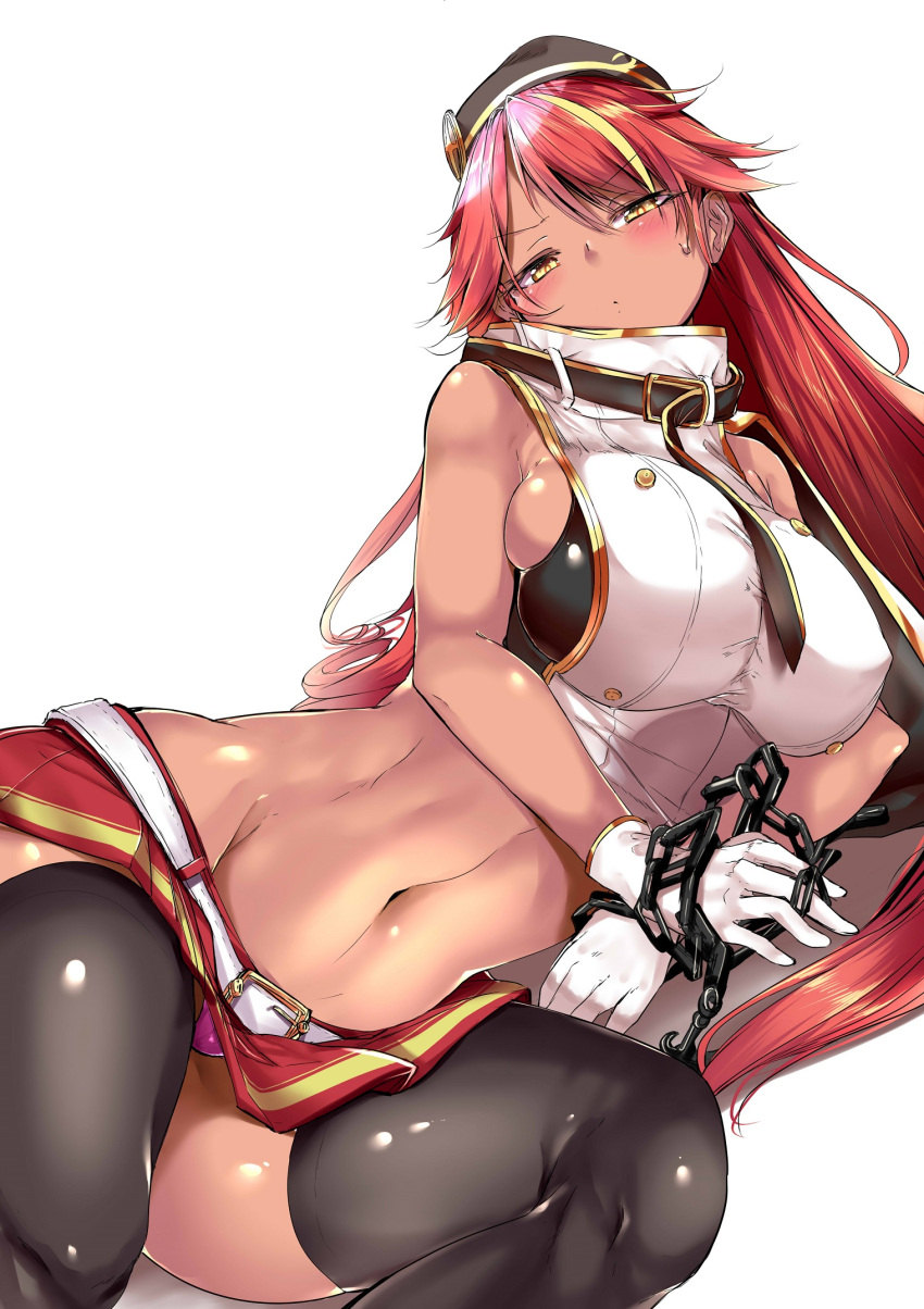 1girl azur_lane belt black_legwear blonde_hair blush breasts buckle closed_mouth dark_skin gloves hat highres jamaica_(azur_lane) large_breasts long_hair looking_at_viewer lying miniskirt multicolored_hair namuru_(kurinton) navel panties pantyshot purple_panties red_skirt redhead shirt simple_background skindentation skirt sleeveless sleeveless_shirt solo streaked_hair sweatdrop thigh-highs underwear white_background white_gloves white_shirt yellow_eyes