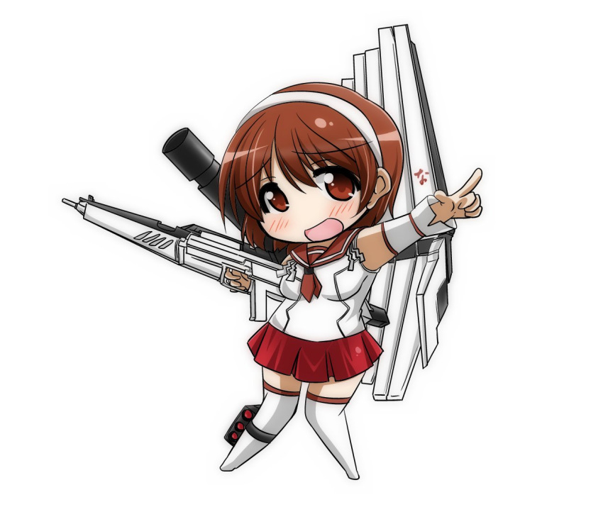 bangs breasts brown_eyes brown_hair char's_counterattack double_bun gundam hairband headband kantai_collection large_breasts long_sleeves multiple_girls nanakusa_nazuna natori_(kantai_collection) neckerchief nu_gundam pleated_skirt school_uniform serafuku short_hair skirt solo thigh-highs white_hairband