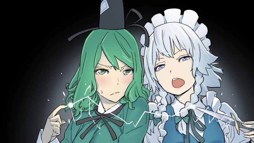 2girls black_background blue_dress blue_eyes braid dress electricity green_dress green_eyes green_hair green_nails hat highres holding holding_knife izayoi_sakuya kawayabug knife maid_headdress multiple_girls nail_polish neck_ribbon ribbon silver_hair soga_no_tojiko sweatdrop teeth touhou twin_braids upper_body