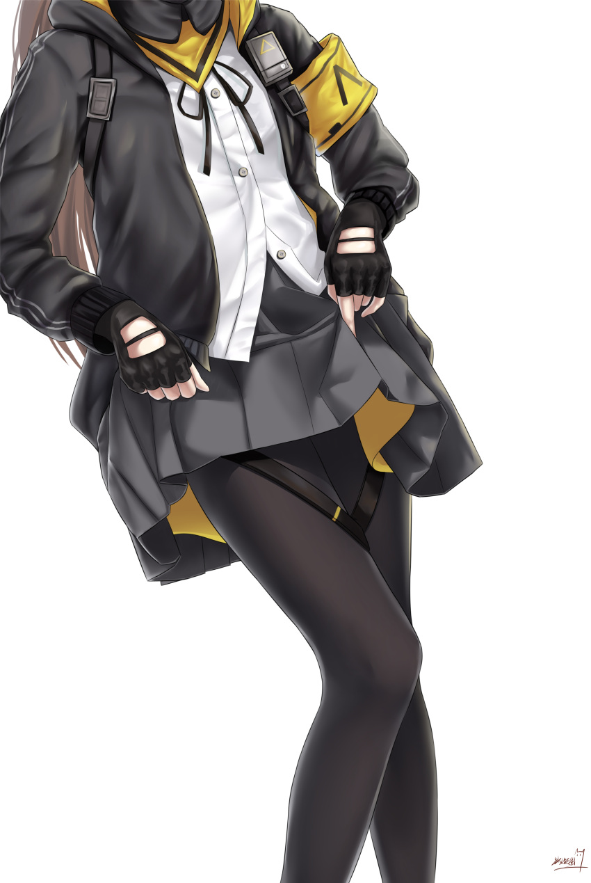absurdres bingji_lin black_legwear black_ribbon breasts brown_hair fingerless_gloves girls_frontline gloves grey_skirt highres jacket lifted_by_self long_hair long_sleeves neck_ribbon open_clothes open_jacket pantyhose pleated_skirt ribbon scarf shirt signature simple_background skirt skirt_lift small_breasts strap thigh_strap ump45_(girls_frontline) untucked_shirt white_background white_shirt