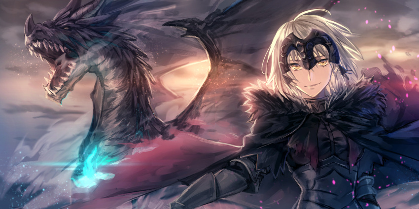 1girl absurdres armor armored_dress bangs black_cape black_dress cape dragon dress fate/grand_order fate_(series) fur-trimmed_cape fur_trim gauntlets highres jeanne_d'arc_(alter)_(fate) jeanne_d'arc_(fate)_(all) looking_at_viewer oranggila12 short_hair silver_hair smile solo upper_body yellow_eyes