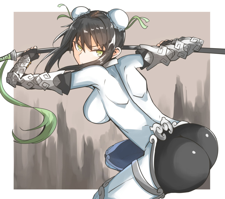 1girl ass back bangs black_hair bodysuit bun_cover chinese_clothes commentary double_bun fate/grand_order fate_(series) fingerless_gloves from_behind gin_moku gloves green_eyes green_ribbon hair_between_eyes highres looking_back polearm qin_liangyu_(fate) ribbon short_hair weapon