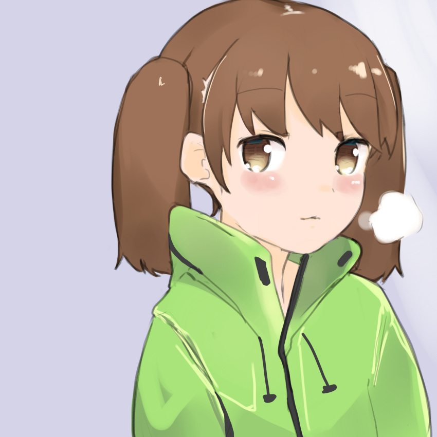 1girl :&lt; absurdres bangs breath brown_eyes brown_hair closed_mouth co_botan coat cold commentary_request drawstring green_coat high_collar highres kantai_collection lavender_background light_blush long_sleeves looking_at_viewer medium_hair outdoors ryuujou_(kantai_collection) short_twintails simple_background sketch sketch_eyebrows slit_pupils solo twintails upper_body visible_air winter winter_clothes winter_coat