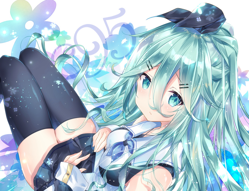 1girl bangs black_legwear black_ribbon black_serafuku black_skirt blue_neckwear closed_mouth comiket commentary_request detached_sleeves flower green_eyes green_hair hair_between_eyes hair_flaps hair_ornament hair_ribbon hairclip kantai_collection kurun_(kurun777) long_hair long_sleeves looking_at_viewer neckerchief parted_bangs pleated_skirt ponytail ribbon school_uniform serafuku skirt solo thigh-highs yamakaze_(kantai_collection) zettai_ryouiki