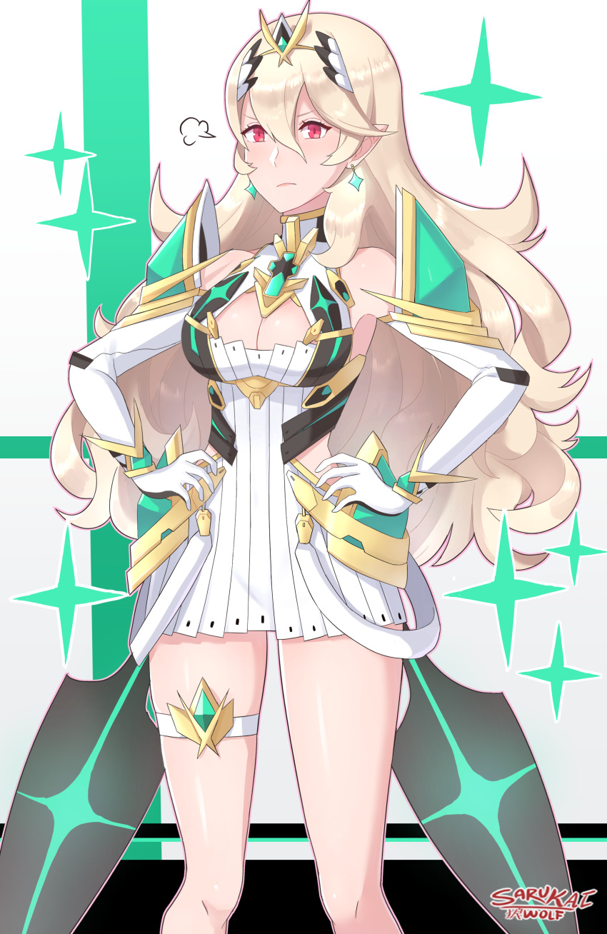 1girl absurdres armor bangs blush breasts cleavage cleavage_cutout cosplay dress female_my_unit_(fire_emblem_if) fire_emblem gloves hair_between_eyes hair_ornament hairband highres mythra_(xenoblade) mythra_(xenoblade)_(cosplay) long_hair mamkute my_unit_(fire_emblem_if) nintendo pointy_ears red_eyes sarukaiwolf silver_hair solo super_smash_bros. super_smash_bros._ultimate white_hair xenoblade xenoblade_(series) xenoblade_2