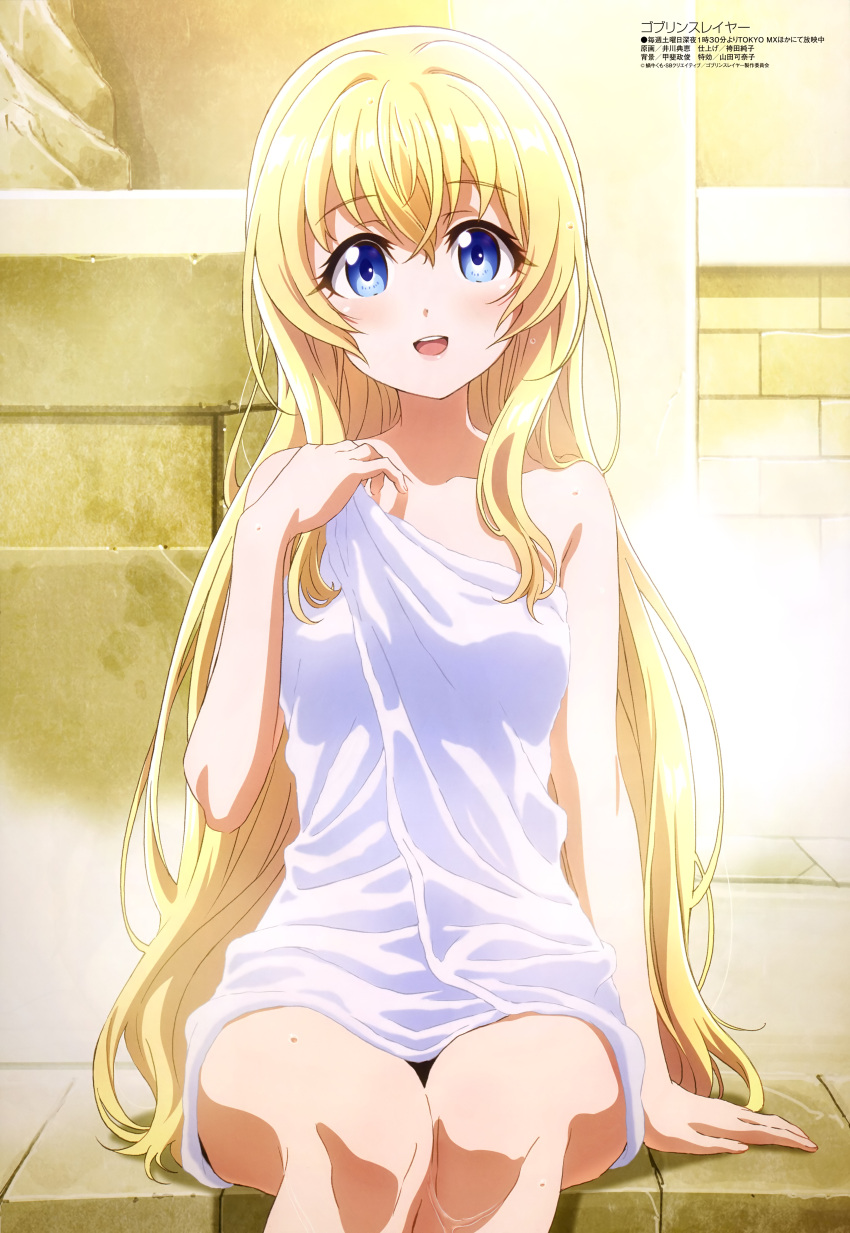 1girl absurdres bangs bathhouse bathing blonde_hair blue_eyes blush eyebrows_visible_through_hair goblin_slayer goblin_slayer! highres igawa_norie indoors long_hair looking_at_viewer megami naked_towel official_art open_mouth priestess_(goblin_slayer!) shiny shiny_hair shiny_skin sitting smile solo steam towel very_long_hair wet white_towel