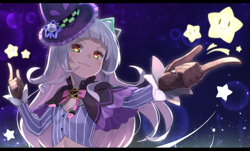 1girl breasts capelet crop_top finger_gun gloves hair_bun hair_ornament hat hololive long_hair looking_at_viewer murasaki_shion night portrait ribbon silver_hair sky small_breasts smug solo star star_(sky) starry_sky tokumaro virtual_youtuber witch_hat yellow_eyes