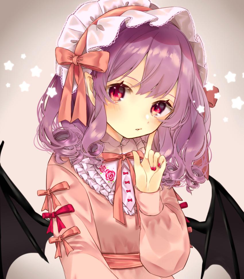 1girl bad_id bad_pixiv_id bat_wings black_wings blush finger_to_cheek floral_print gradient gradient_background grey_background headdress highres index_finger_raised long_hair long_sleeves looking_at_viewer nail_polish parted_lips pink_ribbon pointy_ears purple_hair red_eyes red_nails red_ribbon remilia_scarlet ribbon slit_pupils solo star touhou upper_body wings yedan