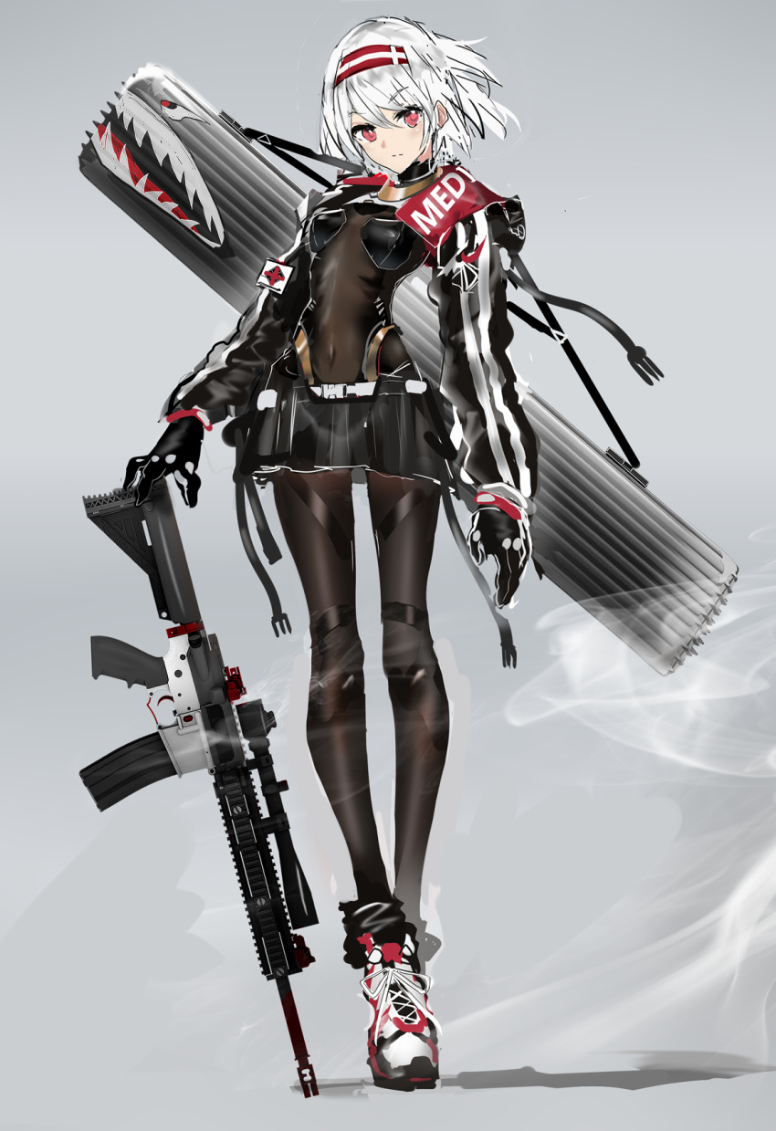 1girl assault_rifle black_gloves black_skirt bodysuit breasts case closed_mouth covered_navel full_body gloves grey_background gun hairband head_tilt highres holding holding_gun holding_weapon jacket long_sleeves looking_at_viewer open_clothes open_jacket original red_eyes rifle shoes short_hair simple_background skirt small_breasts smoke solo standing swav weapon white_hair