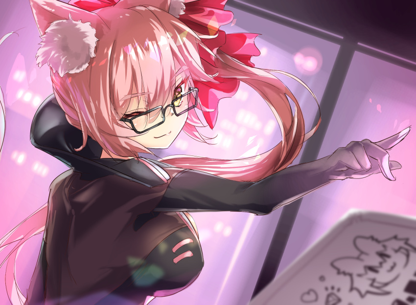 1girl animal_ear_fluff animal_ears bangs black_bodysuit bodysuit bow breasts card closed_mouth eyebrows_visible_through_hair fate/grand_order fate_(series) fox_ears fox_tail glasses hair_between_eyes hair_bow hellnyaa highres large_breasts long_hair looking_at_viewer one_eye_closed phantom_thief pink_bow pink_hair sidelocks smile solo tail tamamo_(assassin)_(fate) tamamo_(fate)_(all) very_long_hair yellow_eyes