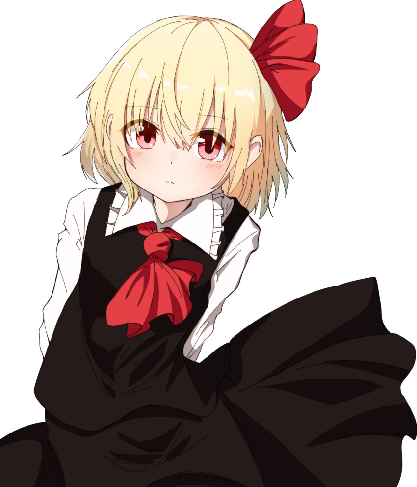 1girl arms_behind_back ascot black_skirt black_vest blonde_hair commentary_request expressionless hair_ribbon highres long_sleeves looking_at_viewer pink_eyes red_neckwear ribbon rumia shirt short_hair simple_background skirt taki_sandstone touhou vest white_background white_shirt wing_collar