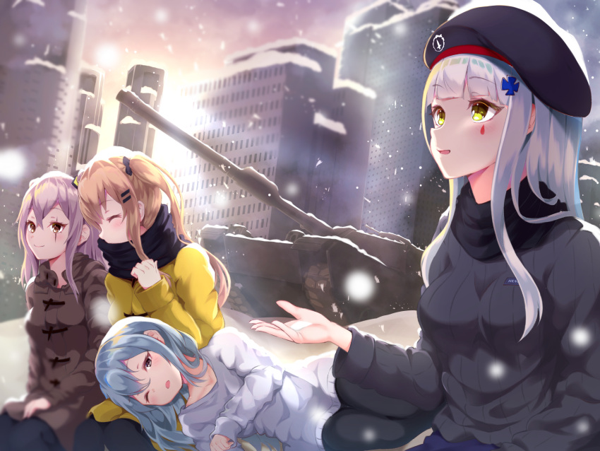 4girls :o ;o ^_^ alternate_costume backlighting bangs beret black_bow black_hat black_pants black_scarf black_sweater blue_hair blurry blush bow breasts brown_eyes brown_hair brown_jacket building casual caterpillar_tracks city cityscape closed_eyes closed_eyes closed_mouth commentary_request covered_mouth day depth_of_field eyebrows_visible_through_hair facial_mark g11_(girls_frontline) girls_frontline green_eyes ground_vehicle hair_between_eyes hair_bow hair_ornament hairclip hand_up hat highres hk416_(girls_frontline) inora jacket lap_pillow long_hair long_sleeves looking_at_viewer looking_up lying medium_breasts military military_vehicle motor_vehicle multiple_girls on_side one_eye_closed outdoors pants parted_lips profile ribbed_sweater scarf sidelocks silver_hair sitting sky sleeves_past_wrists smile snow snowing sunlight sweater tank turret twintails ump45_(girls_frontline) ump9_(girls_frontline) white_hair white_sweater winter winter_clothes yellow_jacket