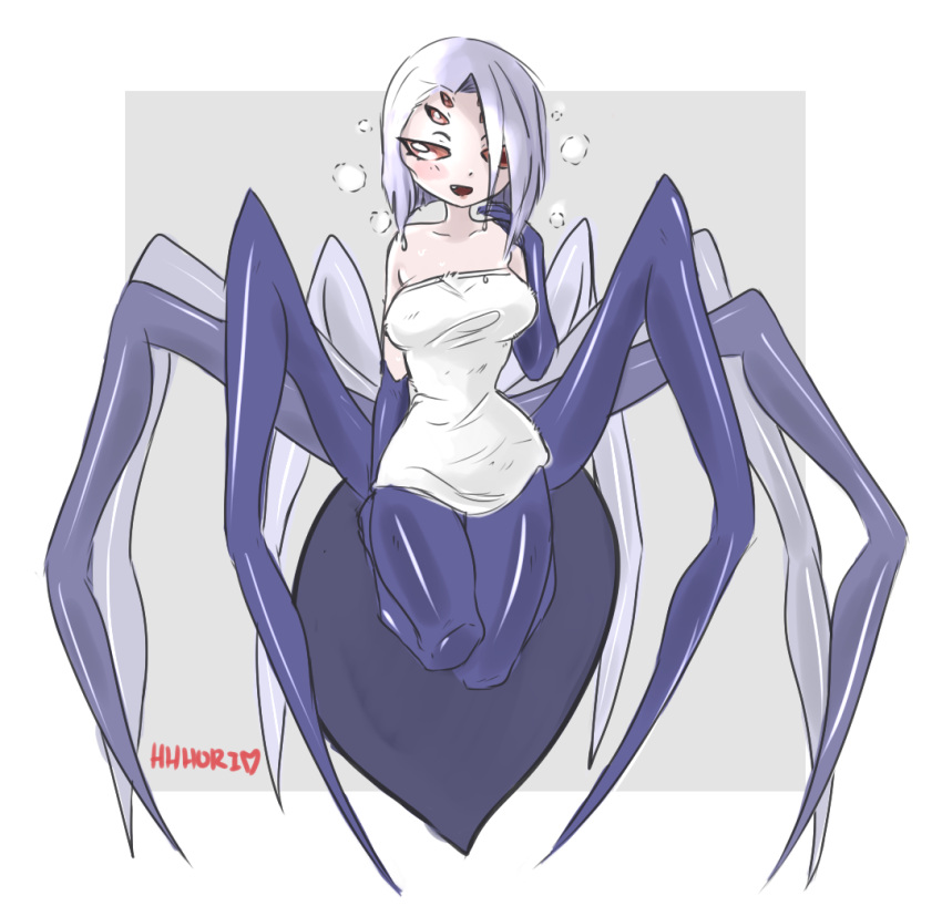 1girl arachne bare_shoulders blush commentary english_commentary extra_eyes full_body heart hhhori insect_girl looking_at_viewer monster_girl monster_musume_no_iru_nichijou naked_towel purple_background rachnera_arachnera seductive_smile signature simple_background smile solo spider_girl standing towel white_towel