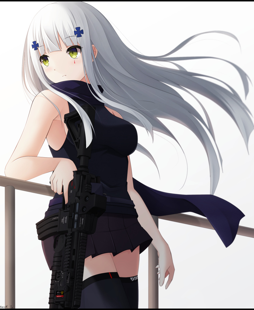1girl armpits arms_at_sides artist_name assault_rifle bangs bare_arms bare_shoulders belt black_legwear black_shirt black_skirt blue_scarf blush breasts closed_mouth commentary cowboy_shot expressionless eyebrows_visible_through_hair facial_mark floating_hair girls_frontline green_eyes gun hair_ornament heckler_&amp;_koch highres hk416 hk416_(girls_frontline) holding holding_gun holding_weapon keenh leaning_back letterboxed long_hair looking_to_the_side medium_breasts miniskirt object_namesake pleated_skirt railing rifle scarf shirt sidelocks skirt sleeveless sleeveless_shirt solo standing thigh-highs trigger_discipline weapon white_background white_hair wind zettai_ryouiki