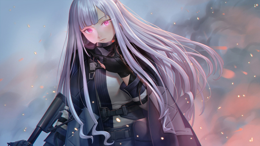 1girl ak-12 ak-12_(girls_frontline) ammunition_belt ammunition_pouch bangs belt belt_buckle black_gloves braid buckle cape closed_mouth french_braid girls_frontline gloves glowing glowing_eyes gun holding holding_gun holding_weapon jacket long_hair long_sleeves looking_at_viewer mask mask_removed natsuyu outdoors pouch sidelocks silver_hair simple_background solo very_long_hair violet_eyes weapon