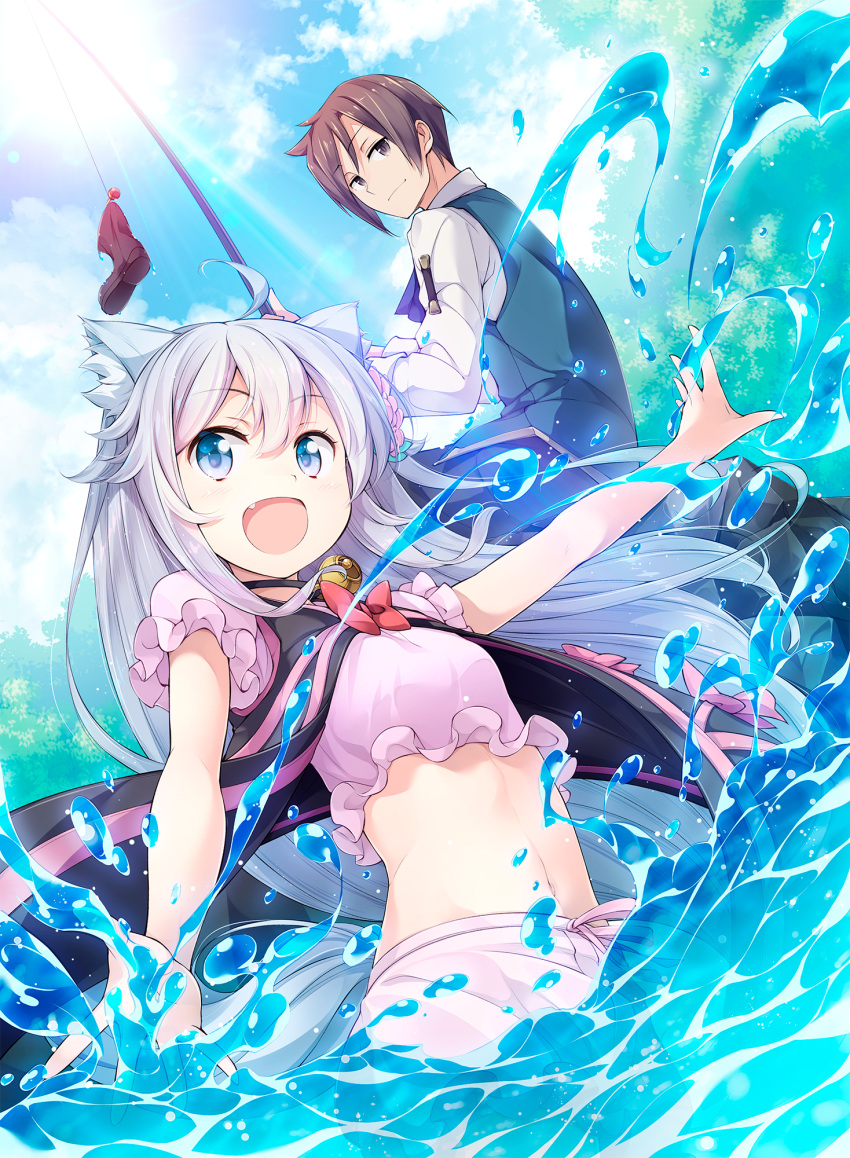 1boy 1girl :o ahoge animal_ears bell black_cape blue_eyes blue_sky blue_vest boots bow brown_eyes brown_hair cape cheat_kushushi_no_slow_life copyright_request cover cover_page day fang fishing_rod flat_chest grey_hair highres long_hair looking_at_viewer matsuuni midriff navel novel_cover official_art outdoors rage_(kushushi) red_bow short_sleeves sky smug splashing standing vest water wolf_ears