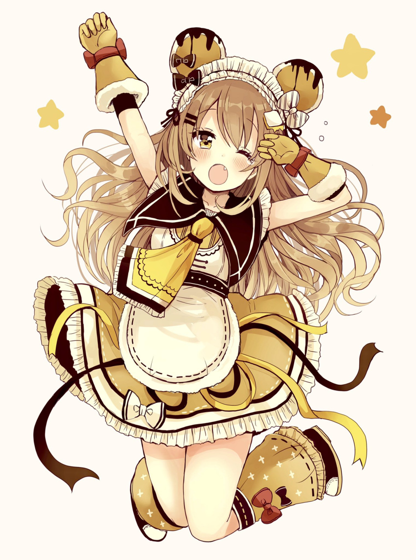 1girl ;o animal_ears arm_up bangs bear_ears black_bow black_footwear blush bow brown_background brown_eyes brown_gloves brown_hair brown_skirt commentary_request eyebrows_visible_through_hair fang frilled_neckwear frilled_skirt frills full_body gloves hair_between_eyes highres leg_warmers long_hair looking_at_viewer one_eye_closed open_mouth original red_bow sakura_oriko shirt shoes simple_background skirt solo tears very_long_hair white_bow white_shirt yellow_neckwear