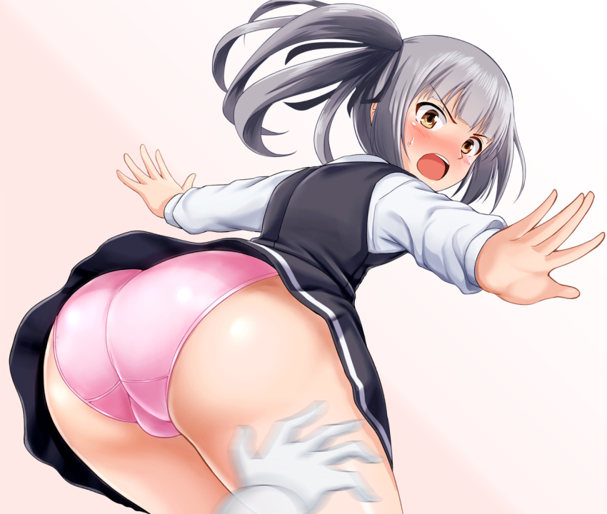 1girl ass black_ribbon dress gradient gradient_background grey_hair hair_ribbon hip_attack kantai_collection kasumi_(kantai_collection) long_hair long_sleeves panties pinafore_dress pink_panties remodel_(kantai_collection) ribbon school_uniform shirt side_ponytail sleeveless sleeveless_dress underwear white_shirt yellow_eyes zanntetu