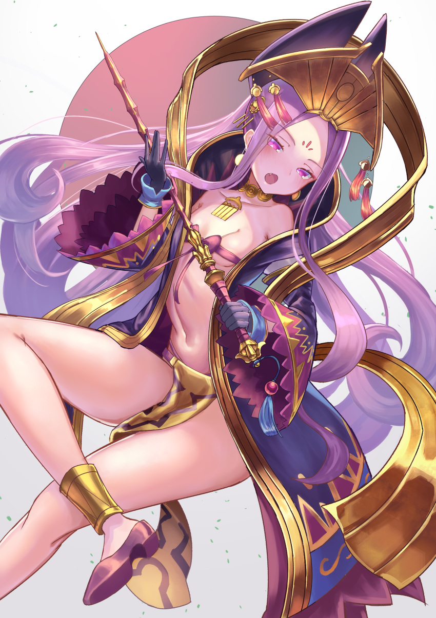 1girl absurdres bangs bare_shoulders blush bow bow_bra bra breasts chinese_clothes collarbone crown facial_mark fate/grand_order fate_(series) forehead forehead_mark gloves hanfu hayataku1234 highres hips jewelry legs legs_crossed long_hair long_sleeves looking_at_viewer navel necklace open_clothes open_mouth parted_bangs pelvic_curtain purple_coat purple_footwear purple_gloves purple_hair ribbon_bra sash simple_background slippers solo tassel thighs underwear very_long_hair violet_eyes weapon white_background wide_sleeves wu_zetian_(fate/grand_order)
