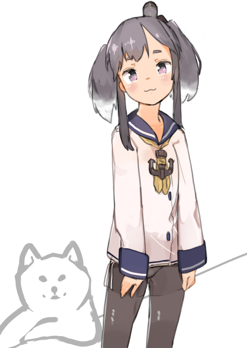 1girl :3 absurdres anchor arms_at_sides bangs black_hair black_legwear closed_mouth co_botan commentary_request dog dog_request feet_out_of_frame grey_hair head_tilt headgear highres kantai_collection light_blush long_sleeves multicolored_hair navy_blue_sailor_collar neckerchief pantyhose sailor_collar short_eyebrows short_hair_with_long_locks short_twintails sidelocks simple_background single_horizontal_stripe sleeve_cuffs sleeves_past_wrists smile solo standing thighband_pantyhose tokitsukaze_(kantai_collection) twintails two-tone_hair white_background yellow_neckwear