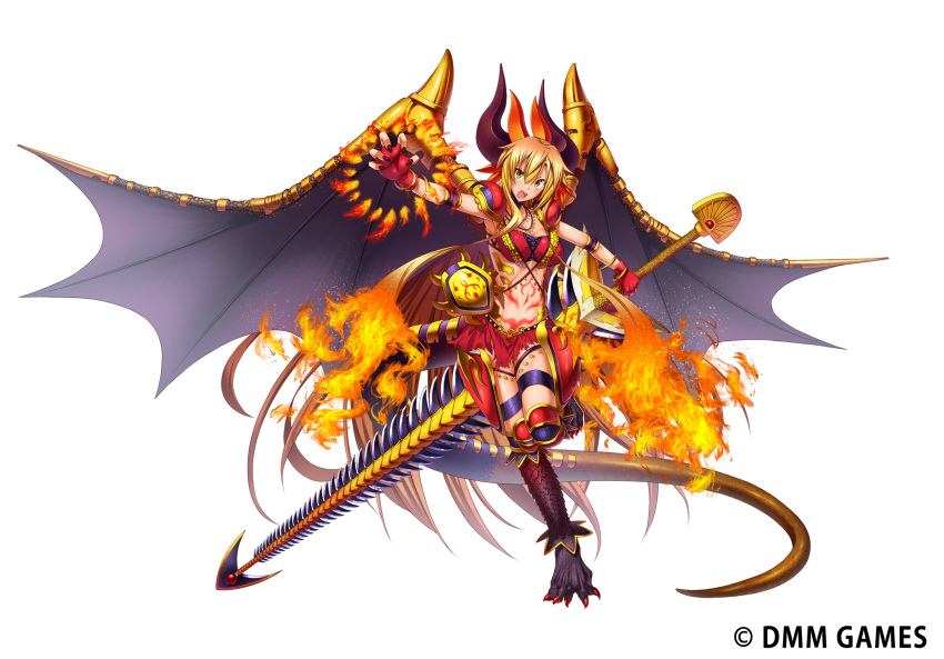 1girl :o armlet blonde_hair bracelet breasts brown_eyes claw_pose copyright_name dmm dragon_girl dragon_horns dragon_tail dragon_wings emanon123 fingerless_gloves fire full_body gloves gold_trim highres holding_polearm horns ignis_(sennen_sensou_aigis) jewelry kneehighs long_hair looking_at_viewer official_art red_gloves sennen_sensou_aigis sidelocks simple_background solo standing standing_on_one_leg stomach_tattoo tail tattoo very_long_hair wings