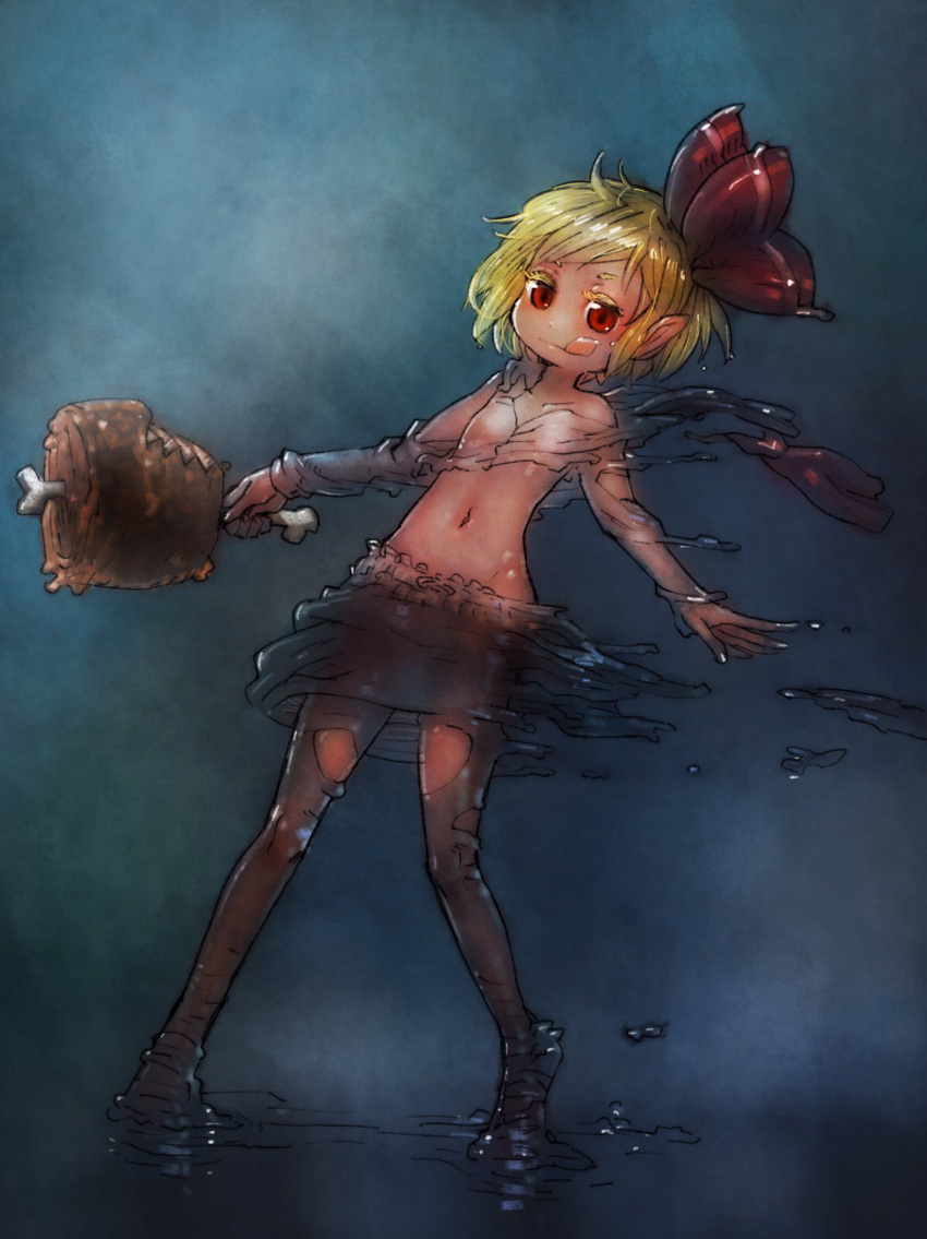 1girl :q black_background black_legwear black_skirt blonde_hair bloomers blue_background boned_meat closed_mouth colored_eyelashes dark dissolving_clothes food full_body hair_ribbon highres holding holding_food licking_lips looking_at_viewer meat navel pantyhose pointy_ears red_eyes red_ribbon ribbon rumia shirt short_hair single_bare_shoulder skirt solo standing tongue tongue_out torn_clothes torn_legwear torn_shirt touhou underwear white_shirt yst