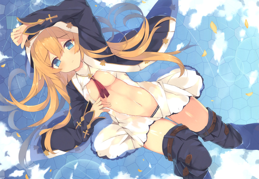 1girl absurdres blonde_hair blue_eyes blue_footwear boots breasts cross cross_necklace eyebrows_visible_through_hair floating_hair from_above hair_between_eyes highres hood hood_up jewelry long_hair long_sleeves looking_at_viewer lying medium_breasts midriff navel necklace nibiiro_shizuka on_back original panties petals red_ribbon ribbon solo stomach thigh-highs thigh_boots under_boob underwear very_long_hair white_panties