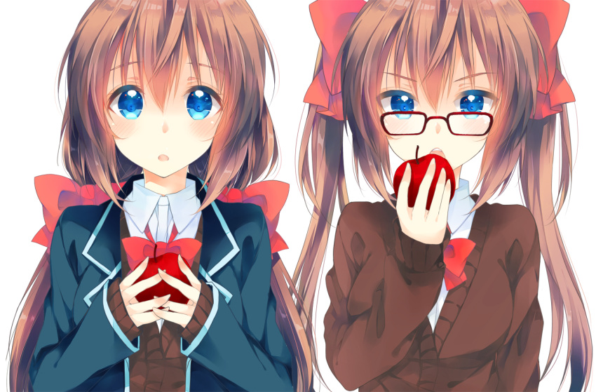 2girls :o apple bangs blazer blue_eyes blue_jacket blush bow bowtie breasts brown_hair cardigan collared_shirt commentary_request food fruit glasses hair_between_eyes hair_bow hand_up holding holding_food holding_fruit jacket long_hair long_sleeves looking_at_viewer low_twintails medium_breasts multiple_girls open_clothes open_jacket open_mouth original parted_lips peke_(xoxopeke) red-framed_eyewear red_bow red_neckwear school_uniform shirt side-by-side sidelocks simple_background sleeves_past_wrists tareme twintails undershirt upper_body upper_teeth v-shaped_eyebrows white_background white_shirt wing_collar