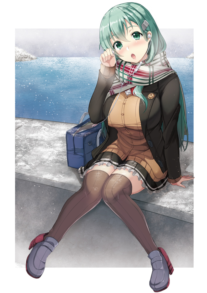 1girl aqua_hair ascot bag bangs blazer blush breasts brown_legwear brown_skirt commentary_request earphones eyebrows_visible_through_hair gin'ichi_(akacia) green_eyes green_hair hair_between_eyes hair_ornament hairclip highres jacket kantai_collection lake large_breasts long_hair looking_at_viewer open_mouth pleated_skirt scarf school_bag school_uniform shoes sitting skirt snow snowing solo steam suzuya_(kantai_collection) winter