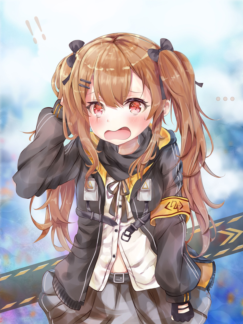 !! ... 1girl absurdres arm_up armband bangs belt belt_buckle black_bow black_gloves black_jacket blurry blurry_background blush bow brown_hair brown_ribbon buckle commentary depth_of_field dress_shirt eyebrows_visible_through_hair fingerless_gloves girls_frontline gloves grey_belt grey_skirt hair_between_eyes hair_bow hair_ornament hairclip highres jacket long_hair long_sleeves looking_at_viewer mutang neck_ribbon open_clothes open_jacket open_mouth pleated_skirt puffy_long_sleeves puffy_sleeves red_eyes ribbon shirt skirt solo twintails ump9_(girls_frontline) very_long_hair white_shirt