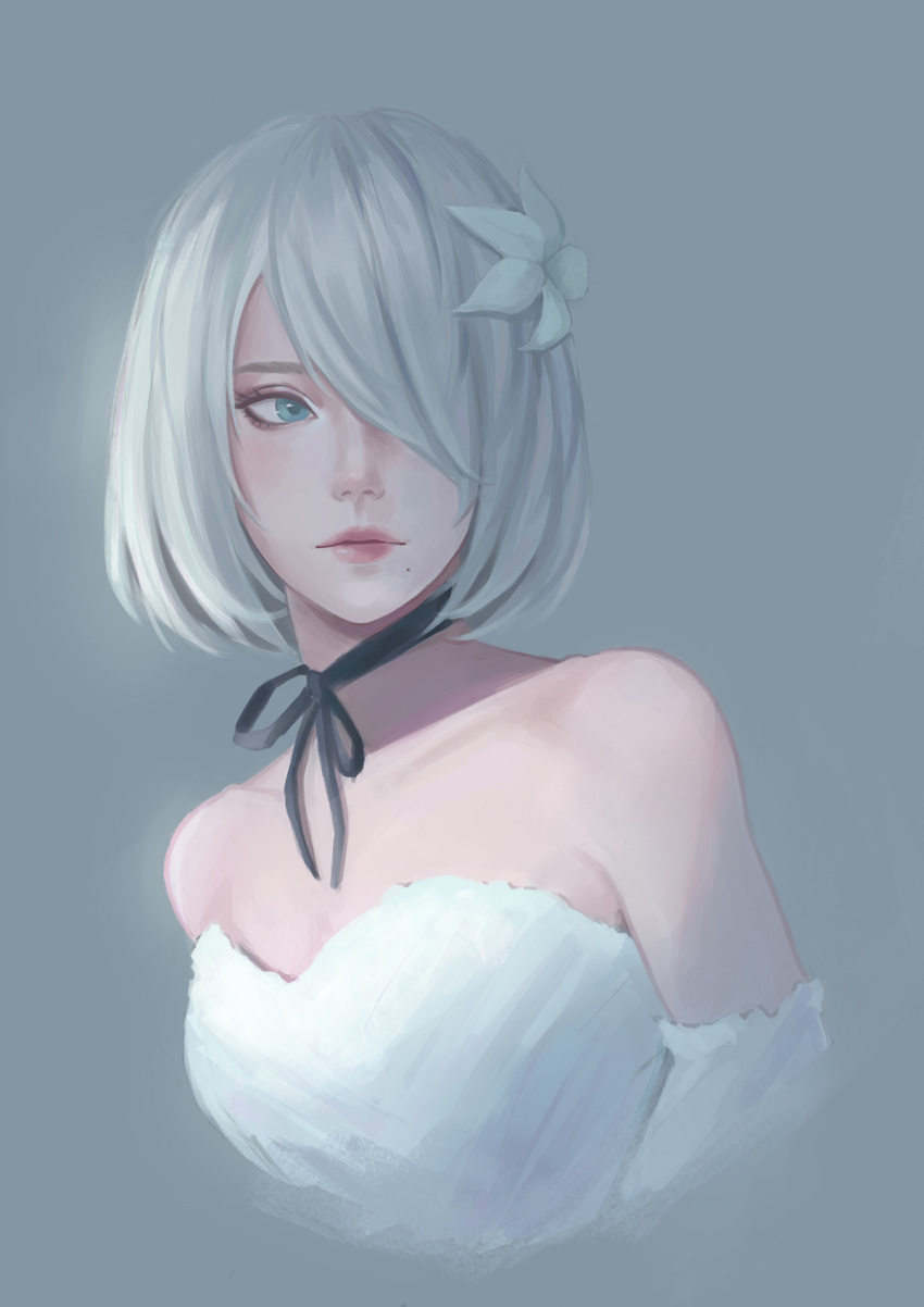1girl bare_shoulders black_ribbon blue_eyes choker commentary dress english_commentary flower grey_background grey_hair hair_flower hair_ornament hair_over_one_eye highres lips looking_to_the_side mole mole_under_mouth nier_(series) nier_automata no_blindfold nose portrait ribbon ribbon_choker shiro-hane short_hair simple_background solo strapless strapless_dress upper_body yorha_no._2_type_b