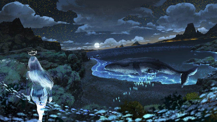 1girl animal beach caustics clouds cloudy_sky crowd fantasy fish full_moon ghost halo horizon moon mountain night night_sky ocean original outdoors scenery sky standing star_(sky) starry_sky tree water watermother2004 whale