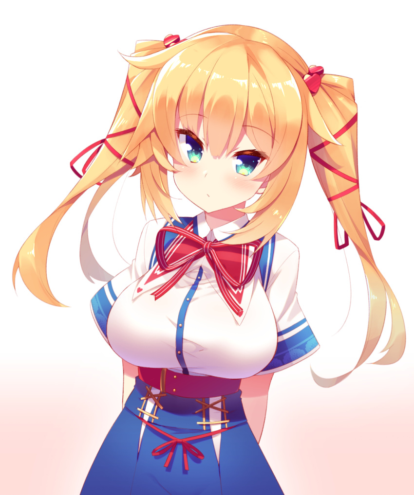 1girl akai_haato alternate_hairstyle arms_behind_back bangs blonde_hair blue_eyes blue_skirt blush breasts closed_mouth commentary eyebrows_visible_through_hair gradient gradient_background hair_ornament hair_ribbon heart heart_hair_ornament highres hololive hoppege large_breasts long_hair looking_at_viewer red_ribbon ribbon short_sleeves skirt solo twintails virtual_youtuber
