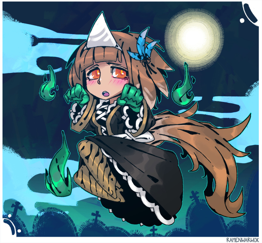 1girl animal_ears bangs black_dress blunt_bangs blush brown_hair claws commentary dog_ears dress english_commentary feathers floating ghost hair_feathers hitodama kikimora_(monster_girl_encyclopedia) long_dress looking_at_viewer monster_girl monster_girl_encyclopedia open_mouth orange_eyes ramenwarwok short_hair smile solo tombstone triangular_headpiece