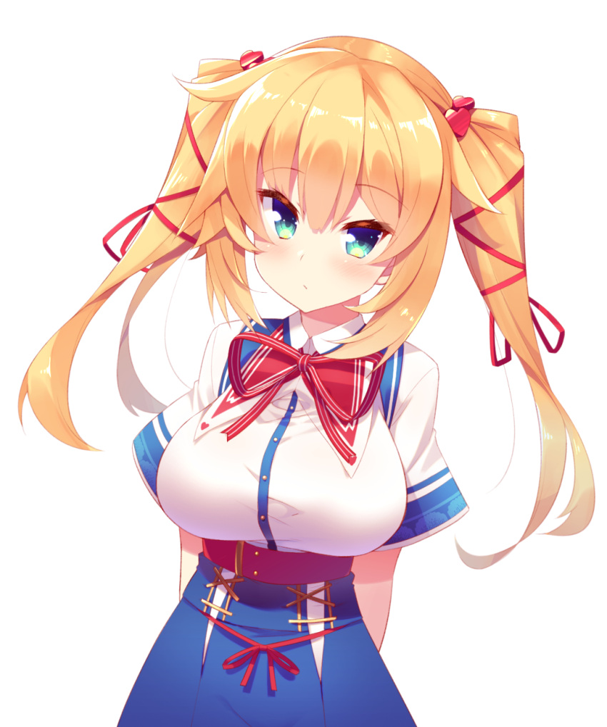 1girl akai_haato alternate_hairstyle arms_behind_back bangs blonde_hair blue_eyes blue_skirt blush breasts closed_mouth commentary eyebrows_visible_through_hair hair_ornament hair_ribbon heart heart_hair_ornament highres hololive hoppege large_breasts long_hair looking_at_viewer red_ribbon ribbon short_sleeves skirt solo transparent_background twintails virtual_youtuber