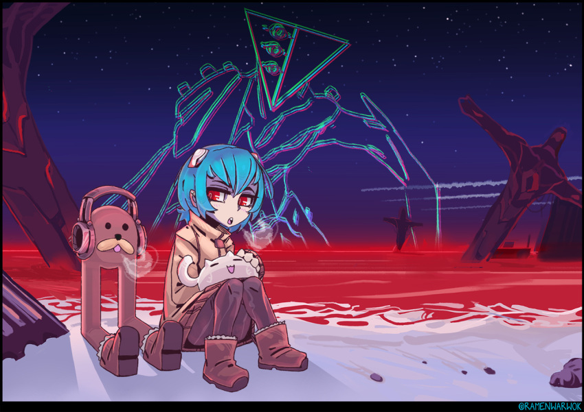 1girl artist_name ayanami_rei bangs black_border blue_hair blush boots border breath brown_footwear cat commentary_request earmuffs gondola_(meme) headgear looking_at_another neon_genesis_evangelion night night_sky ocean parted_lips ramenwarwok red_eyes ruins short_hair signature sitting sky snow star_(sky) starry_sky tumblr_username vaporwave winter