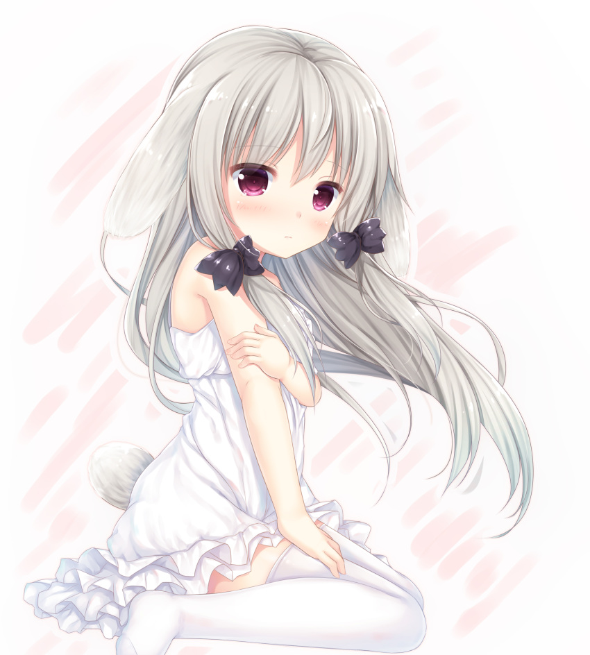 1girl absurdres animal_ears bangs bare_arms bare_shoulders black_bow blush bow closed_mouth dress eyebrows_visible_through_hair fingernails frilled_dress frills grey_hair hair_between_eyes hair_bow highres kemonomimi_mode long_hair looking_at_viewer looking_to_the_side red_eyes shizukawashi_sumi sleeveless sleeveless_dress solo sophie_twilight tail tears thigh-highs tonari_no_kyuuketsuki-san very_long_hair white_dress white_legwear