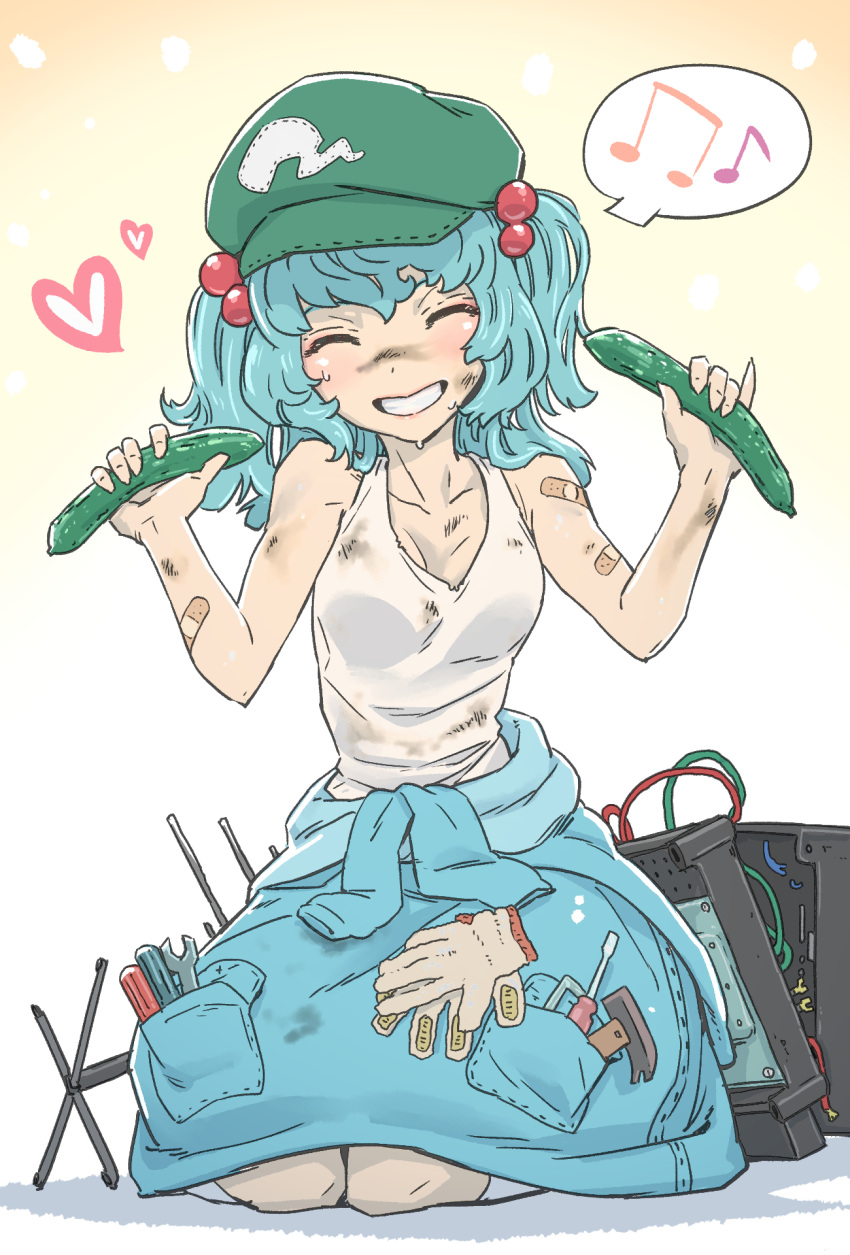 1girl bandaid bandaid_on_arm bare_shoulders blue_hair bruise cable closed_eyes clothes_around_waist cucumber dirty dirty_clothes dirty_face food full_body gloves green_hat grin hair_bobbles hair_ornament hammer hat heart highres holding holding_food injury jacket_around_waist kawashiro_nitori kawayabug kneeling musical_note pocket radio_antenna screwdriver smile solo speech_bubble spoken_musical_note sweat tank_top touhou white_tank_top wrench