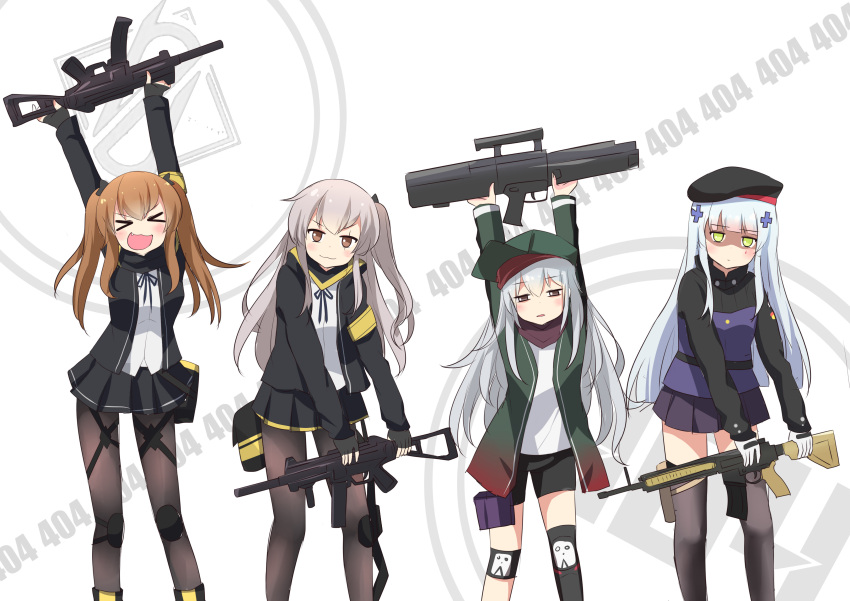 &gt;_&lt; 404 4girls :3 :d absurdres agung_syaeful_anwar arms_up assault_rifle bangs beret black_bow black_gloves black_hat black_jacket black_legwear black_neckwear black_shorts black_skirt blunt_bangs blush bow brown_eyes brown_hair closed_eyes closed_mouth commentary cross_hair_ornament dancing english_commentary eyebrows_visible_through_hair facial_mark feet_out_of_frame fingerless_gloves g11 g11_(girls_frontline) girls_frontline gloves green_eyes green_hat green_jacket grey_hair gun h&amp;k_ump hair_between_eyes hair_bow hair_ornament half-closed_eyes hat heckler_&amp;_koch highres hk416 hk416_(girls_frontline) holding holding_gun holding_weapon http_status_code jacket knee_pads legs_apart light_blue_hair long_hair long_sleeves looking_at_viewer miniskirt multiple_girls neck_ribbon one_side_up open_clothes open_jacket open_mouth pantyhose parody parted_lips peaked_cap pleated_skirt ribbon rifle scar scar_across_eye shaded_face shirt short_shorts shorts sidelocks silver_hair single_thighhigh skirt sleeves_past_wrists smile standing submachine_gun thigh-highs tomorrow_(konosuba) twintails ump45_(girls_frontline) ump9_(girls_frontline) unamused v-shaped_eyebrows weapon white_gloves white_shirt zettai_ryouiki