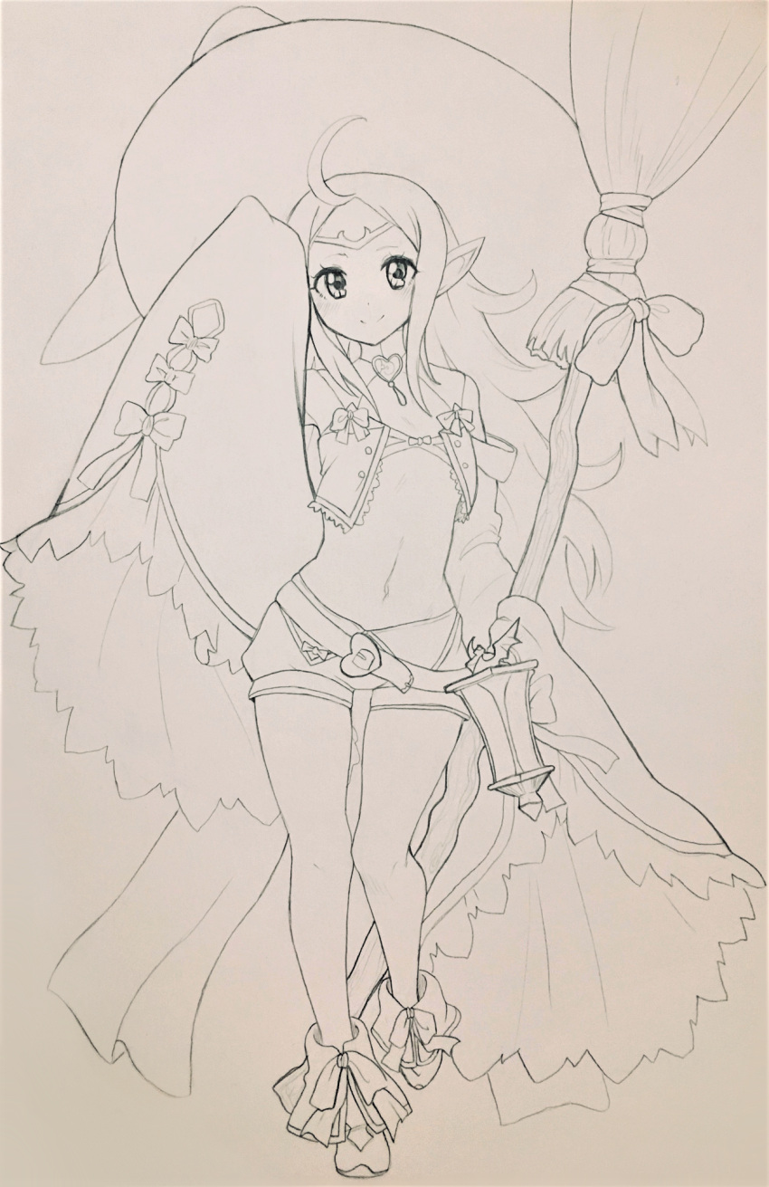 1girl breasts broom fire_emblem highres long_hair midriff monochrome nintendo nowi_(fire_emblem) pencilanon shorts small_breasts solo third-party_source